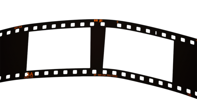 Extreme macro shot of two pristine 35mm film frames with orange numerals '3A', '4', '4A', '5' on a transparent background, high-contrast studio lighting, concept of infinite possibility