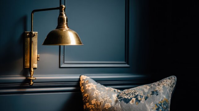 A close-up of a brass wall-mounted lamp, set against a dark navy blue wall with decorative molding, and a floral patterned cushion