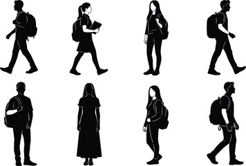 Student silhouette, backpack pose, walking figure, standing student, black vector, education icon, white background, school attire, book carrying, youth
