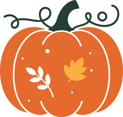 Orange Pumpkin with Autumn Leaf and Branch Illustration