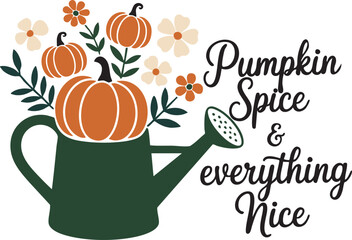 Watering Can with Pumpkins and Flowers Illustration