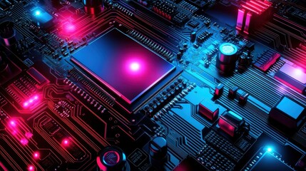 Obraz premium A neon lit circuit board in close up detail