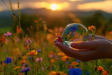 Crystal Orb Held In Hands During Sunrise Over Wildflowers