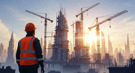 Construction worker overseeing the development of a modern city skyline