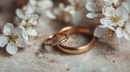 weekday wedding vibes delicate wedding rings beside white flowers on a textured background