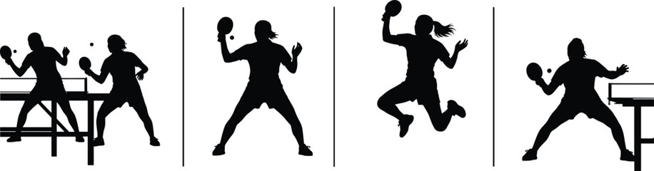 Table tennis silhouette, black vector illustration, ping pong players, dynamic poses, sports movement, minimal design, white background, athletic icon, game action