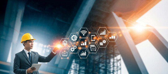 Engineer using digital interface for construction management and technology