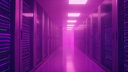 A server room hallway with dynamic lighting and data racks