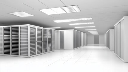 A server room with bright lights and a high tech appearance