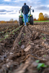 A farmer walks behind a tractor as it tills the earth, creating clear rows of freshly dug soil, emphasizing the labor involved in agriculture and the beauty of rural landscapes.