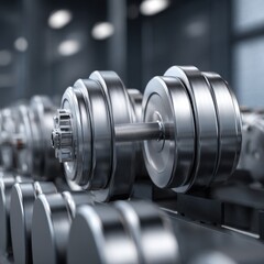 Fototapeta premium Gleaming Chrome Dumbbell Set in a Modern Gym, Ready for Intense Strength Training.