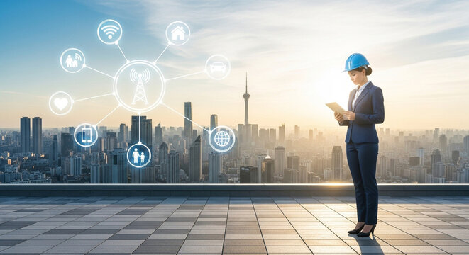 Female engineer with digital icons and cityscape in the background