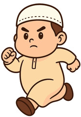 Kartun Anak Muslim Berlari | Ilustrasi Anak Islami Peci & Gamis