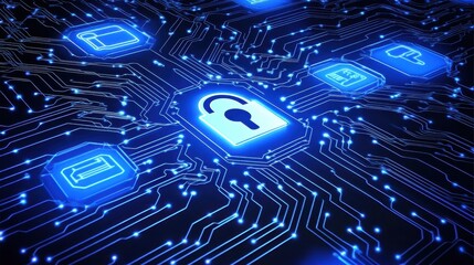 Cybersecurity concept depicted by circuits and a digital lock