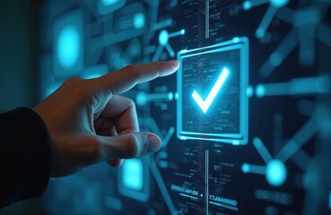 Hand touches digital checkmark interface on futuristic screen. Person interacts with virtual confirmation button. Modern technology validates data on display. Digital approval process shown on