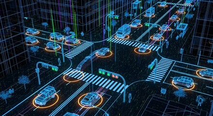 High-Angle View of a Futuristic City Intersection Envisioned in Glowing Wireframes with Dazzling Blue, Purple, and Green Light Trails and Data-Like Road Patterns.