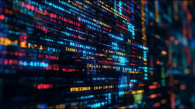 A vibrant, abstract representation of data streams with colorful binary codes and patterns, showcasing a futuristic digital landscape.