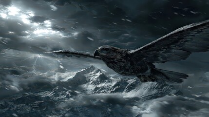 Dark Bird Soaring Above Mountains Under Moonlight