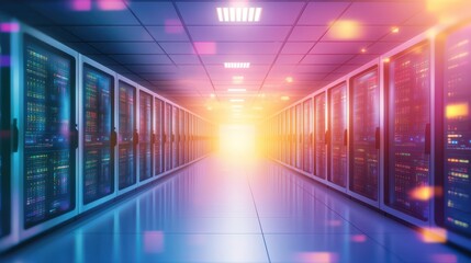 A symmetrical data center hallway with bright lighting