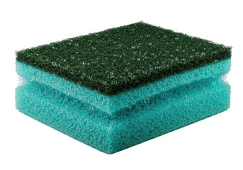 Ultra-macro, hyper-detailed partially compressed dual-sided cleaning sponge with dark forest green abrasive and aquamarine foam, water beads, isolated on transparent, concept of material science