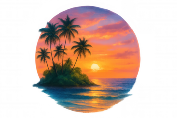 Tropical island sunset with palm trees reflecting on ocean water, paradise escape, romantic horizon