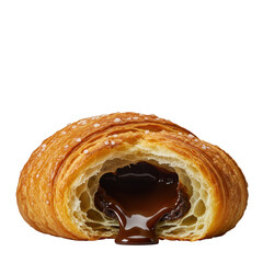 Freshly baked artisanal pain au chocolat, golden-brown, torn, gooey molten dark chocolate oozing, steaming, isolated on transparent, macro photography, concept of gourmet food indulgence