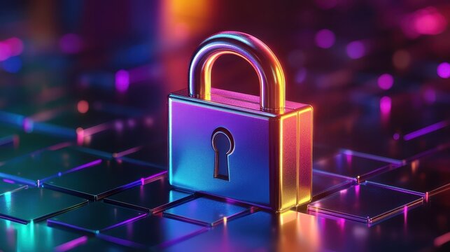 A vibrant 3D rendered padlock representing digital security - Powered by Adobe