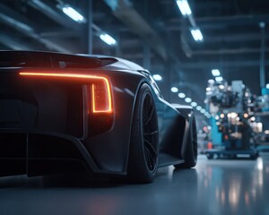 Dark Futuristic Sports Car In Industrial Garage