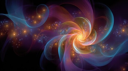 Obraz premium A cosmic swirling vortex of colored energy, spirals and shimmering particles against a black void