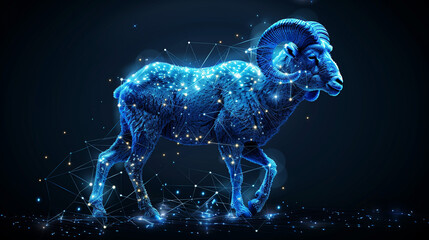 Glowing polygonal ram walking on dark digital background