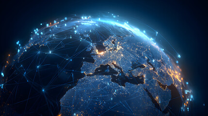 Global network visualization with illuminated cities and interconnected data points across the globe