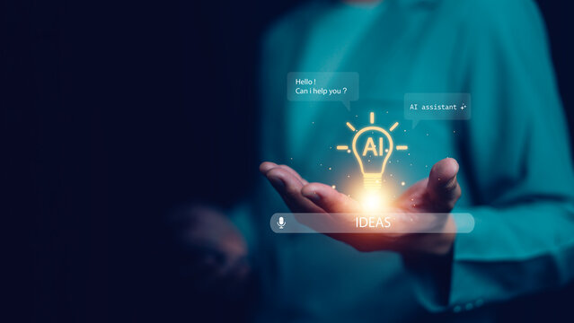Businessman presenting glowing AI light bulb with chatbot messages, symbolizing artificial intelligence assistant, smart ideas and digital innovation for future technology solutions.