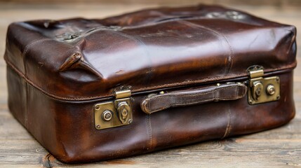 overstuffed. An overstuffed leather suitcase with straining clasps on a wooden floor. lifestyle magazines, social media lookbooks, designed for lifestyle magazines and social media content.