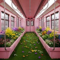 A Vibrant Pink Train Car Transformed into a Lush Indoor Meadow with Blooming Flowers, Grass Floor, and Blurred City Views Beyond the Windows.