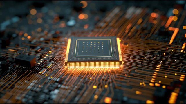 A close-up of a glowing microchip on a circuit board, showcasing intricate connections and electronic components.