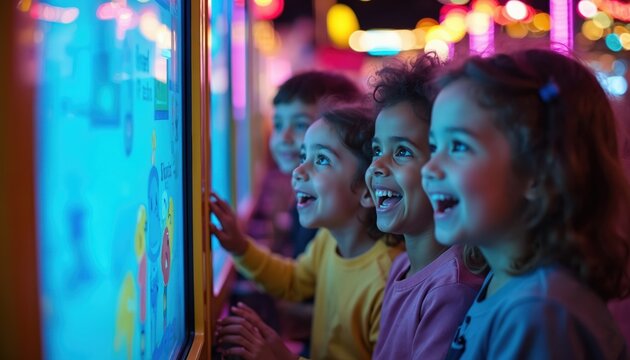 Children laugh at interactive game screen in brightly lit amusement park arcade. Young friends play video games together, experiencing virtual reality entertainment and joy.