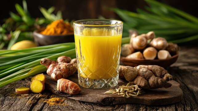 a traditional indonesian jamu herbal drink served in a classic transparent glass surrounded by fresh ingredients like turmeric ginger and lemongrass on a rustic wooden table