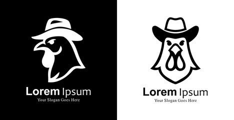 Logo design in the form of a chicken head wearing a cowboy hat with front and side views