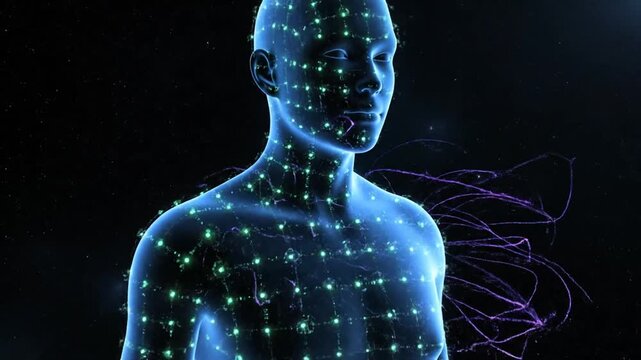 Human Body with Acupuncture Points in Digital Space Motion Graphic