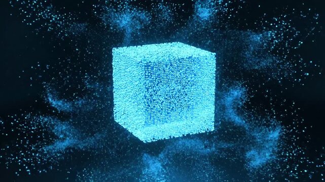 Abstract glowing cube formed by shimmering particles, emanating energy in the darkness.