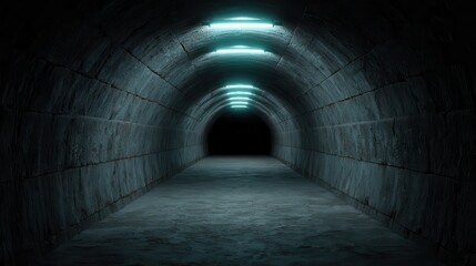 Dark Tunnel Interior With Neon Blue Lighting