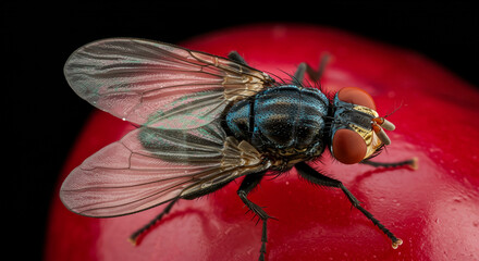 Obraz premium A bluebottle fly with red eyes rests on a shiny, bright red surface against a dark background.