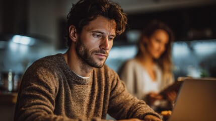 focused man works on laptop at home woman uses tablet in background