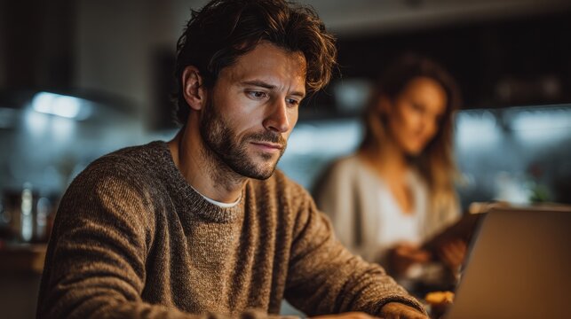focused man works on laptop at home woman uses tablet in background
