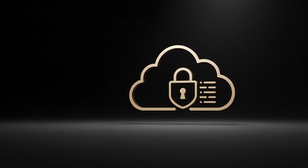 Cloud computing security concept with lock shield and data protection icon on dark background with spotlight effect for data safety and encryption technology visualization