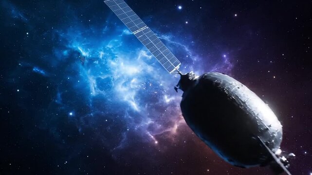 Advanced satellite orbiting through a vibrant, colorful nebula in deep space.