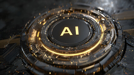 Fototapeta premium Futuristic digital circuit design featuring glowing AI symbol in a high-tech environment