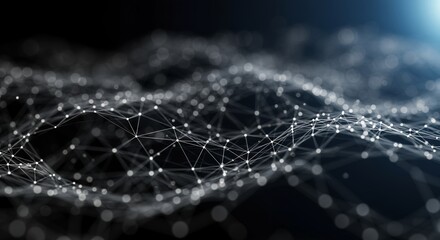 Digital data network visualization with interconnected glowing nodes and lines representing technology, connectivity, information exchange, and modern digital infrastructure