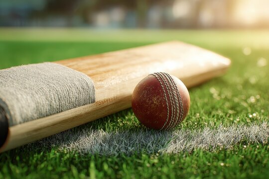 Golden Hour Cricket - Red Leather Ball and Wooden Bat on Lush Green Pitch.