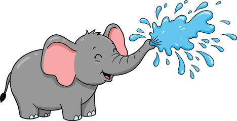 Playful cartoon elephant spraying water, cute gray animal illustration with pink ears, happy smiling character, whimsical children’s artwork, fun educational design, joyful splash scene